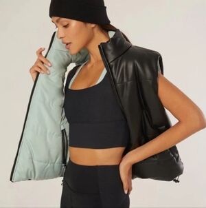 IVL Collective Revolve Black & Green Faux Leather Reversible Puffer Vest